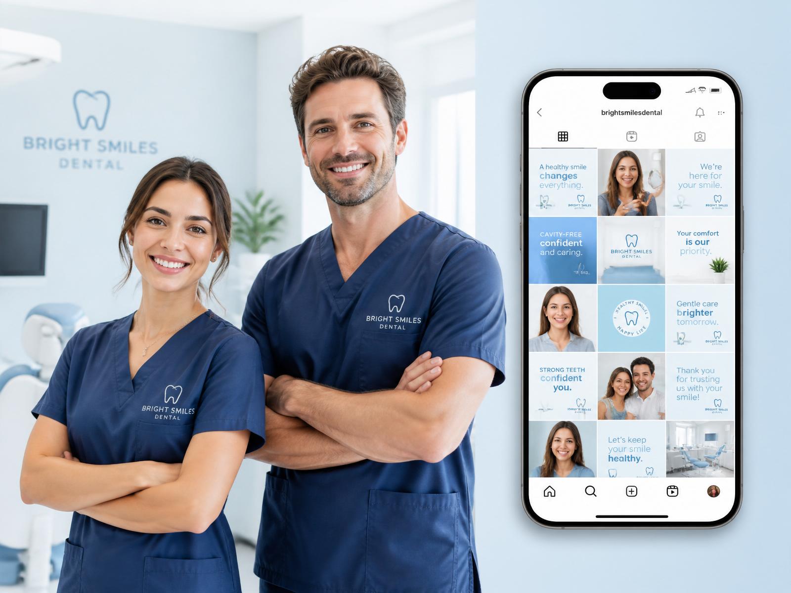 Dental team beside a phone showing branded social media posts